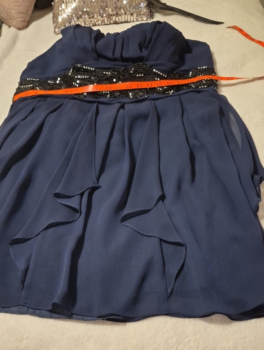 David's Bridal Navy Blue Strapless Girls Dress with Beaded Waistband
